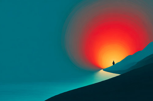 Personne dans une lueur de lumière, dans un paysage abstrait turquoise sur Eva Lee
