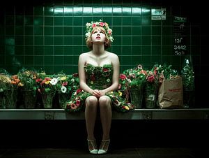Mit Blumen auf die U-Bahn warten