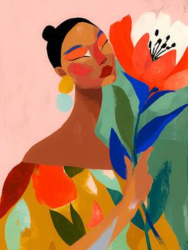 Kleurrijk modern portret van een vrouw met grote bloem en expressieve details