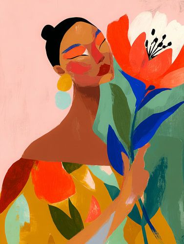 Portrait moderne et coloré d'une femme avec une grande fleur et des détails expressifs