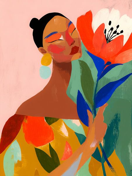 Colourful modern portrait of a woman with large flower and expressive details by But First Framing