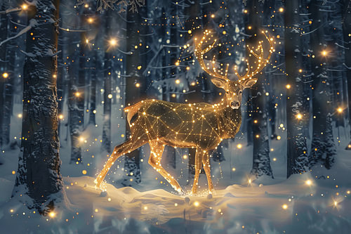 Hert in Kerstbos met Gouden Lichtjes en Wintermagie
