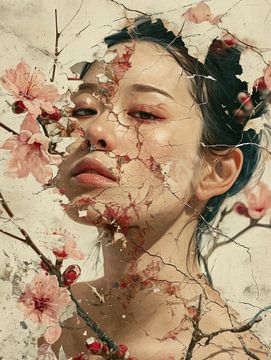 Cracked Portrait of Woman with Cherry Blossoms van Eva Lee