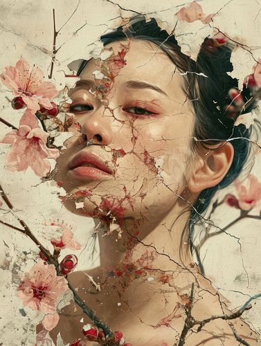 Cracked Portrait of Woman with Cherry Blossoms