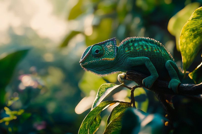 Caméléon vert dans la lumière de la jungle par Poster Art Shop