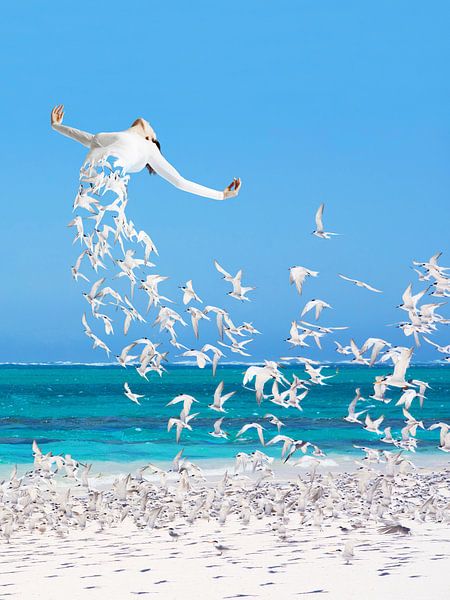 Strand surreal art met vogels van Martijn Schrijver
