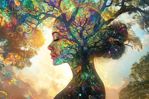 spiritueel beeld van vrouw in het bos