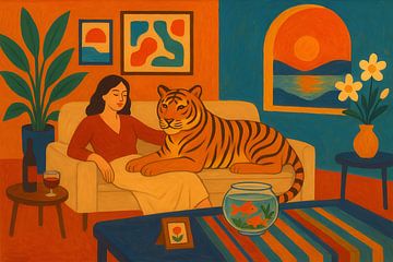 Woman with tiger on sofa illustration. by Johannes