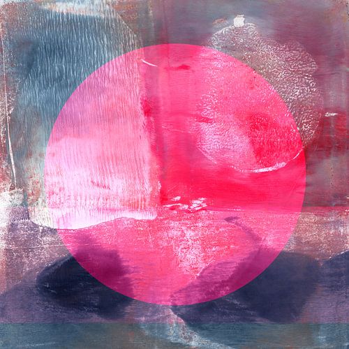 Modern abstract zeegezicht in neonroze, paars en blauw