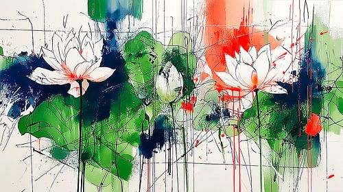 Fleurs de lotus blanches sur fond bleu et vert