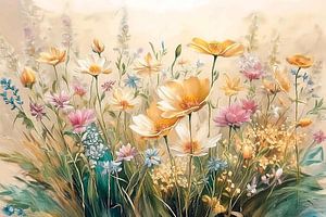 Gemälde eines Blumenfeldes in Vintage-Farben