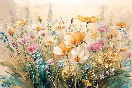 Peinture d'un champ de fleurs aux couleurs vintage