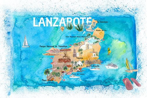 Lanzarote Canarias Spain Illustrated Map with Landmarks and Highlights