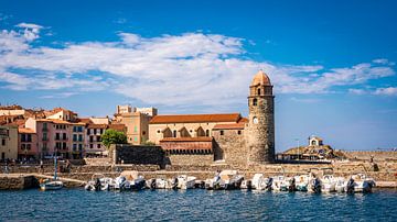 Panorama church and harbour in Collioure at the Cote Vermeille in South France by Dieter Walther