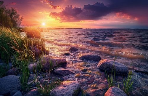 Zonsopgang aan de oever van het meer