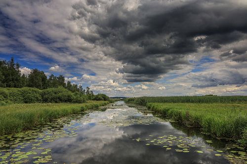 Donkere wolken boven het Federsee-kanaal bij Bad Buchau - Baden Württemberg