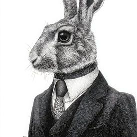 Minimalistisches Porträt eines Hasen im Kostüm, schwarz-weiße Eleganz und ruhige Charakterstudie von But First Framing