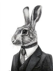 Minimalistisches Porträt eines Hasen im Kostüm, schwarz-weiße Eleganz und ruhige Charakterstudie