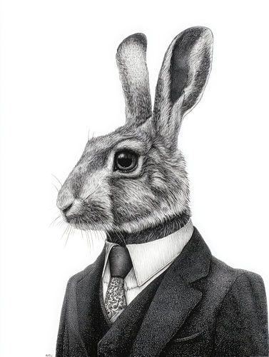 Minimalist portrait of a hare in costume, black-and-white elegance and quiet character study by But First Framing