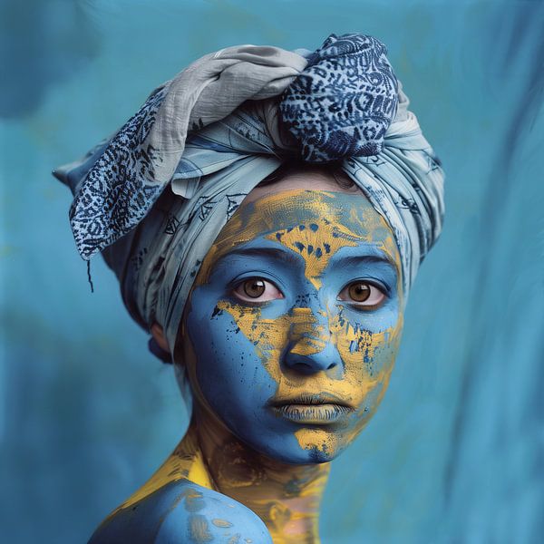 Intrigante femme au visage bleu et jaune et au turban par Glitzy Fusion Frames