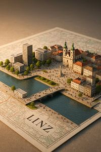 Linz Main Square &amp ; Danube 3D Map - Décoration murale de Haute-Autriche
