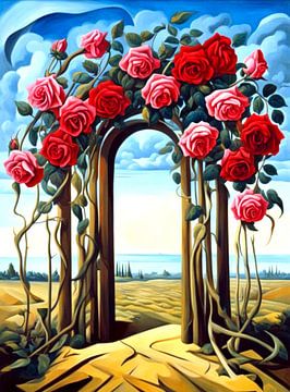 Red roses on the wooden arch by Quinta Mandala