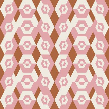 Geometrisch jaren 70 retro patroon in roze, wit en okergeel.