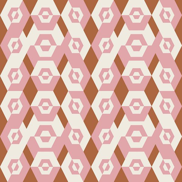 Geometrisch jaren 70 retro patroon in roze, wit en okergeel. van Dina Dankers