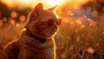 Kat met zonnebril zonsondergang panorama van TheXclusive Art