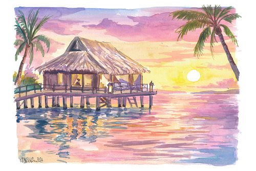 Überwasser-Bungalow Tropisches Gemälde mit Sonnenaufgang und sanften Wasserreflexionen
