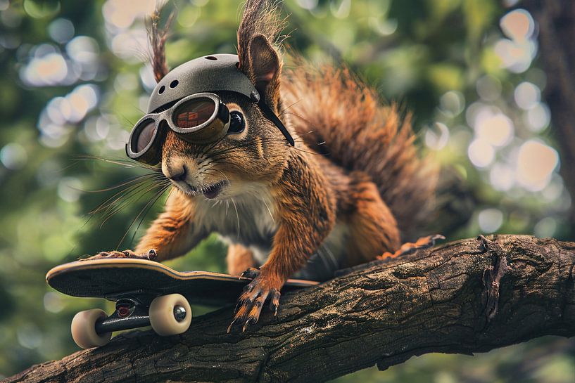 Skateboard fahrendes Eichhörnchen mit Helm und Brille von Imperial Art House