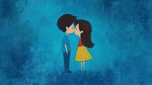 Kissing girl and boy cute blue panorama