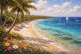 Zonnige tropische kust met kleurrijke parasols van Dodik Hariyono