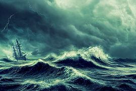 Illustration Wellen mit Wikingerschiff auf dem Meer