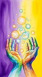 Vibrant Rainbow Hands Releasing Bubbles Watercolor Abstract Wall Art Poster