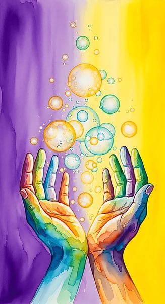 Vibrant Rainbow Hands Releasing Bubbles Aquarell abstrakte Wandkunst Poster von Creative On Site
