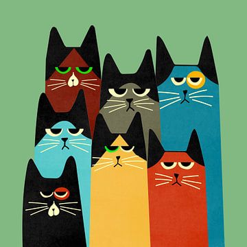 A portrait of 7 coloured cats with a retro look.