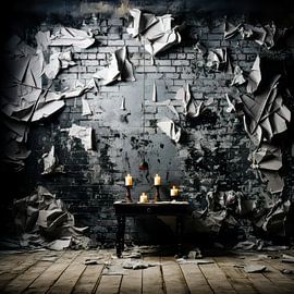 Dilapidated wall with candlelight by Klaus Tesching - Art-AI
