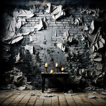 Bouwvallige muur met kaarslicht van Klaus Tesching - Art-AI