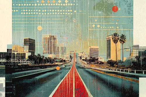 Stijlvolle retro poster met grafische elementen en stippen.