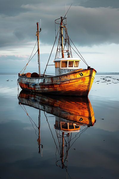 Drijvende boot, kalme oceaan van fernlichtsicht