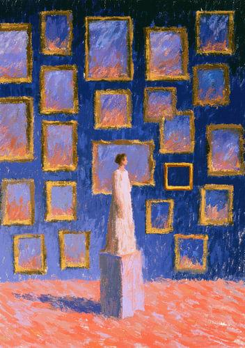 Stille Reflexion - Frau vor goldenen Rahmen an blauer Wand