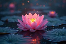 Magischer rosa Lotus – Ruhiger Teich mit bezauberndem Licht von DesignByDessie