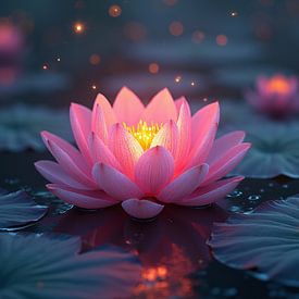 Lotus rose magique - Étang serein baigné d'une lumière envoûtante sur DesignByDessie