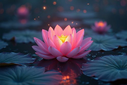 Lotus rose magique - Étang serein baigné d'une lumière envoûtante