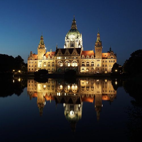 New City Hall in Hannover, Germany, illuminated at night