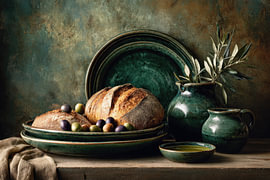 Brot und Oliven – Elegantes grünes Stillleben von Joriali Fine Art
