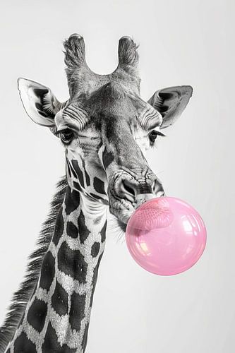Giraffe With Pink Balloon In Mouth, Black and White Portrait