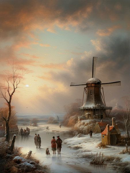 Hollands winterlandschap schilderij met molen van Preet Lambon