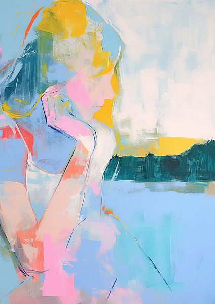 Woman by Abstract Painting